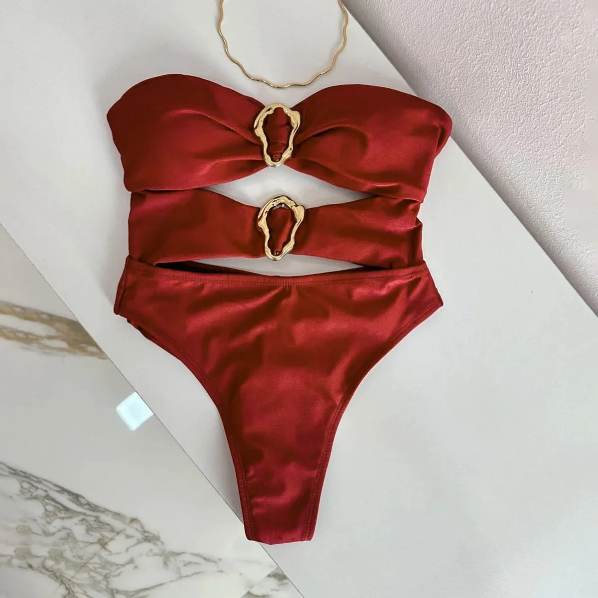 3 Colors Sexy Metal Rings Cut Out Women Swimwear One Piece Swimsuit Female