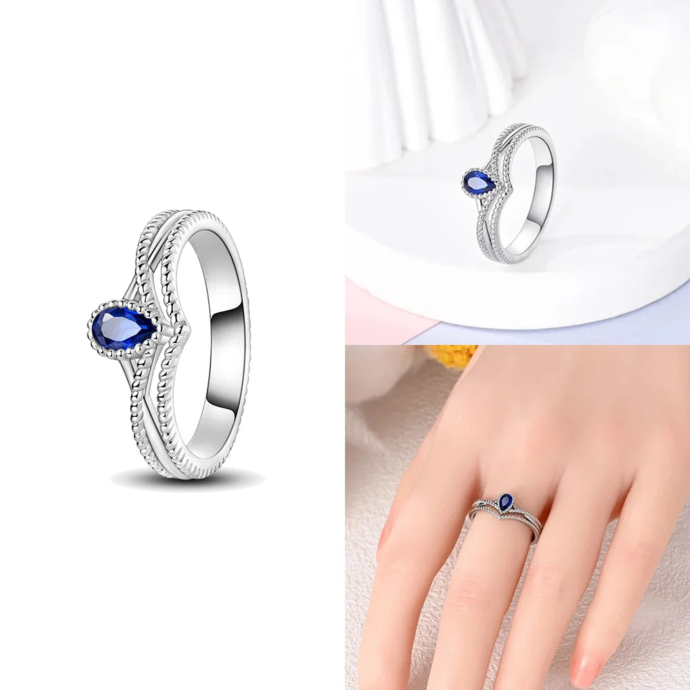 Zircon Blue Crystal Heart Bow Rings