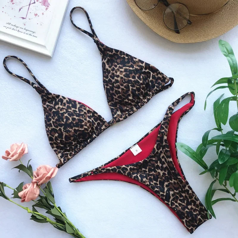 2024 Micro Leopard Bikini Women High Cut Bandage Push Up