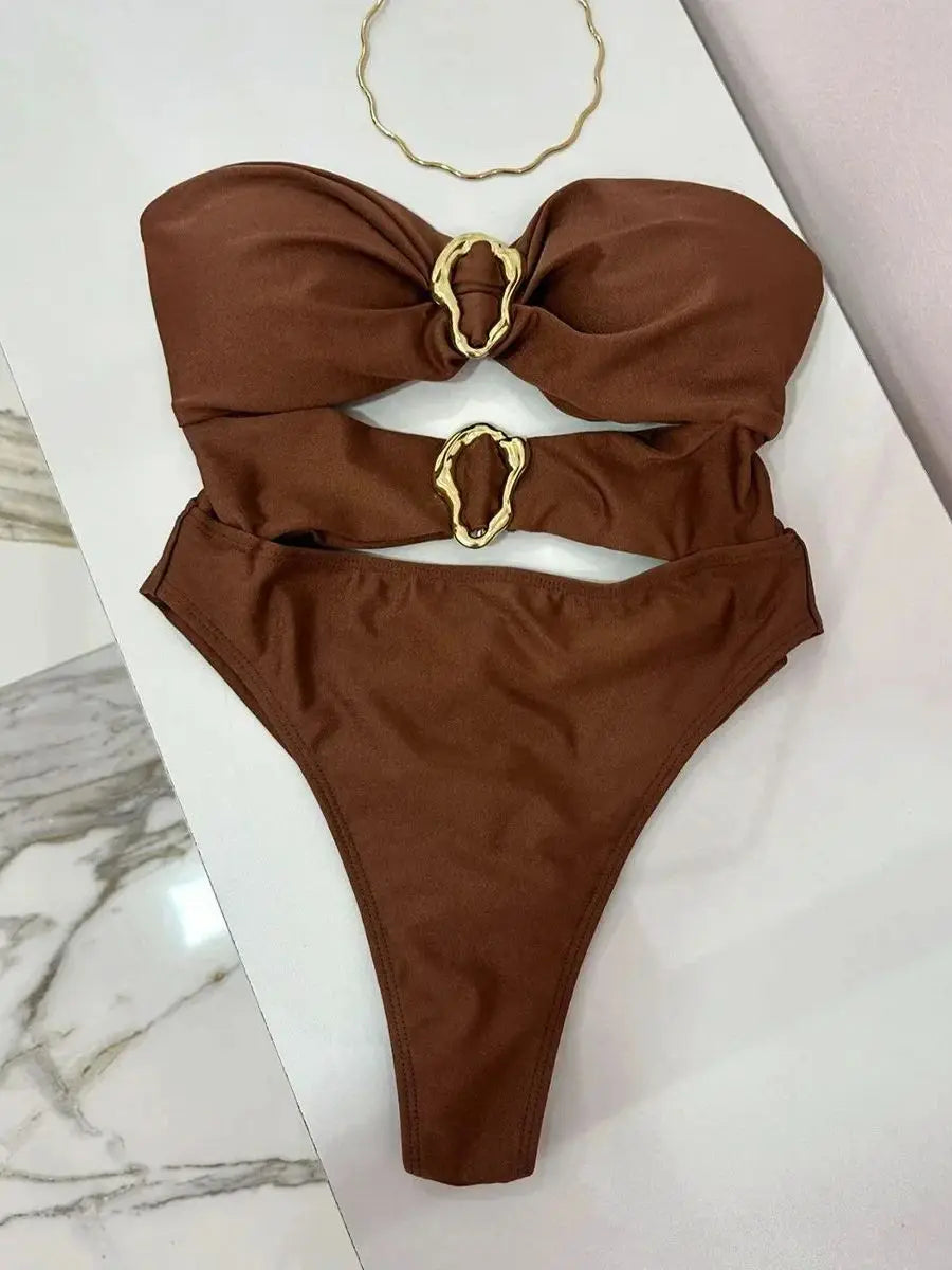 3 Colors Sexy Metal Rings Cut Out Women Swimwear One Piece Swimsuit Female