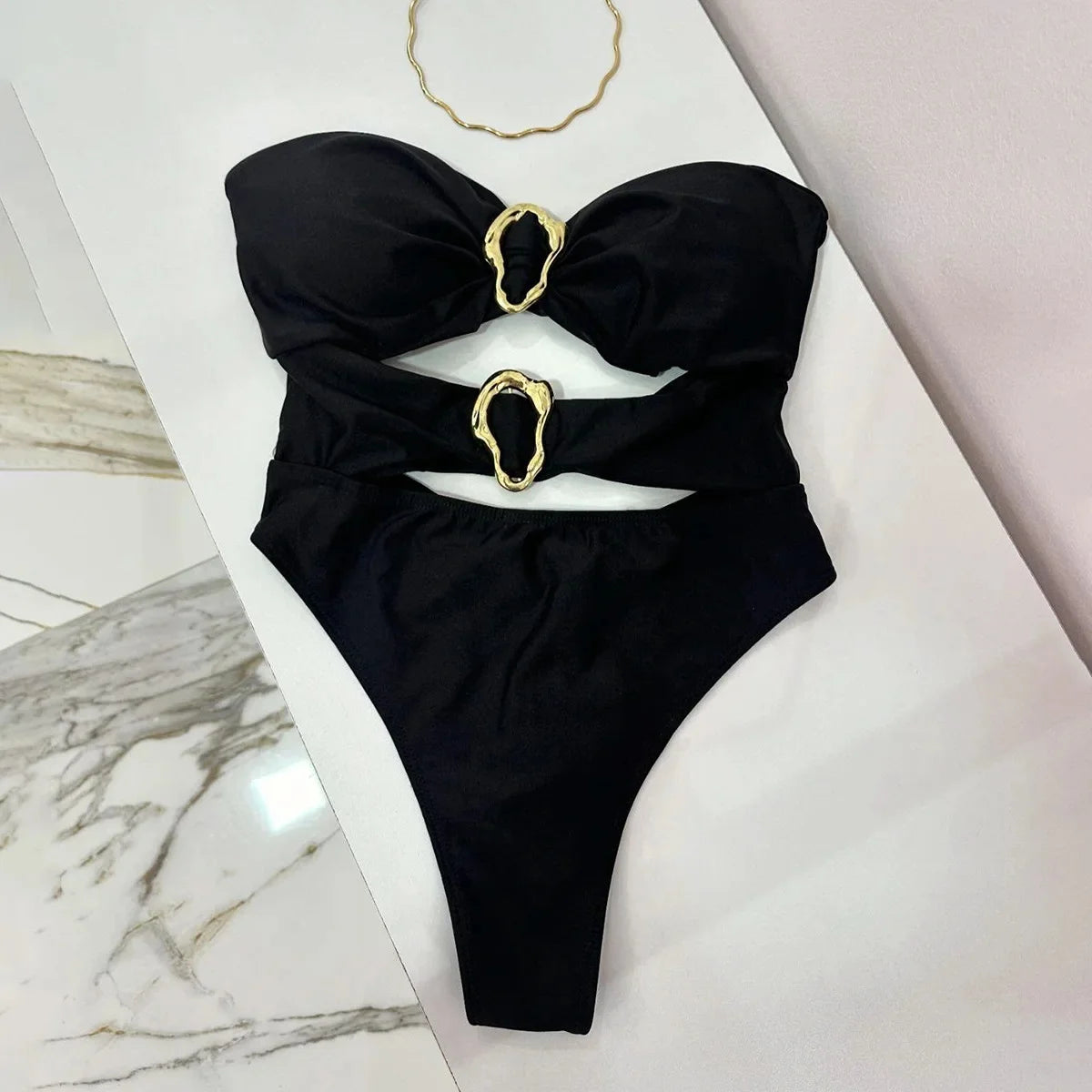 3 Colors Sexy Metal Rings Cut Out Women Swimwear One Piece Swimsuit Female