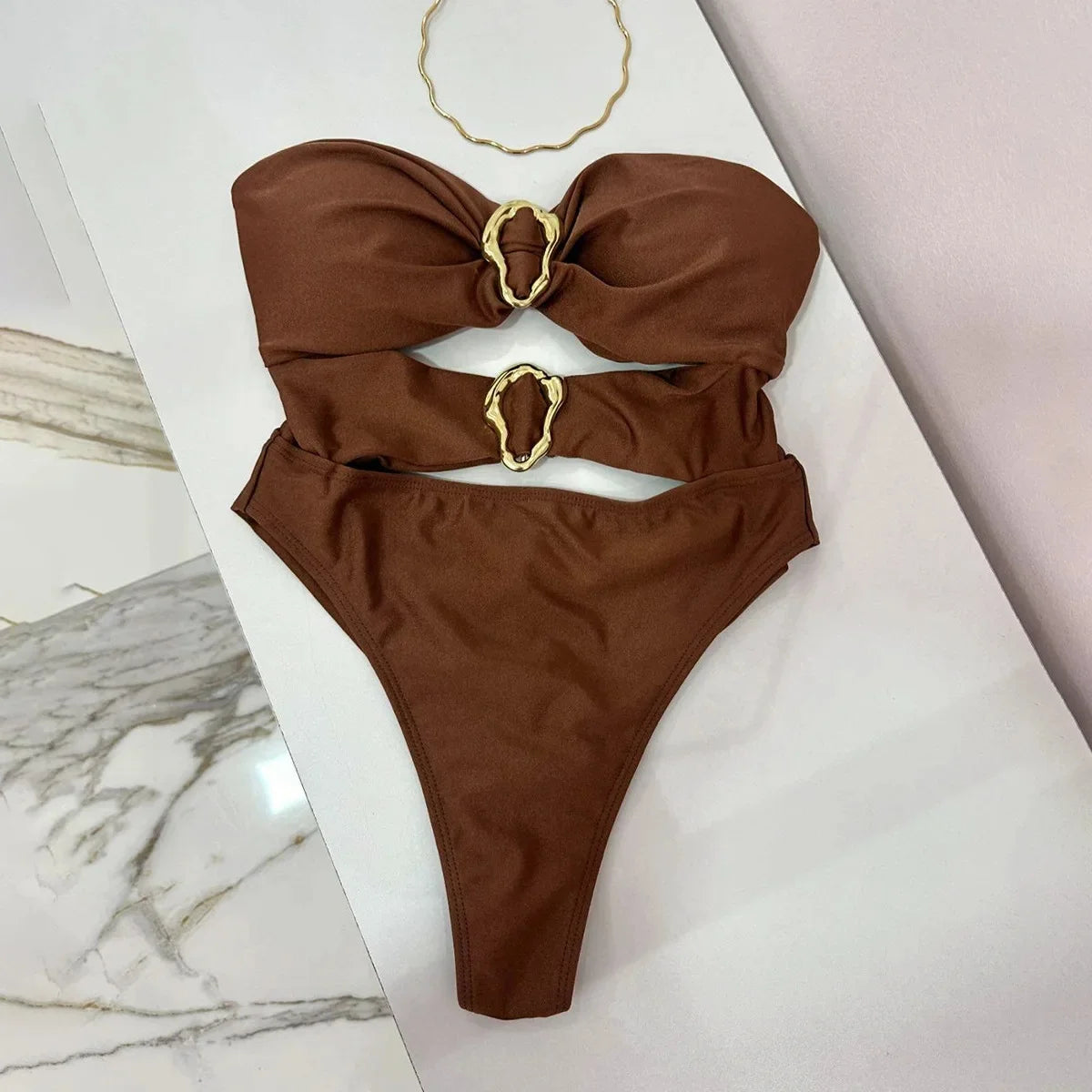 3 Colors Sexy Metal Rings Cut Out Women Swimwear One Piece Swimsuit Female