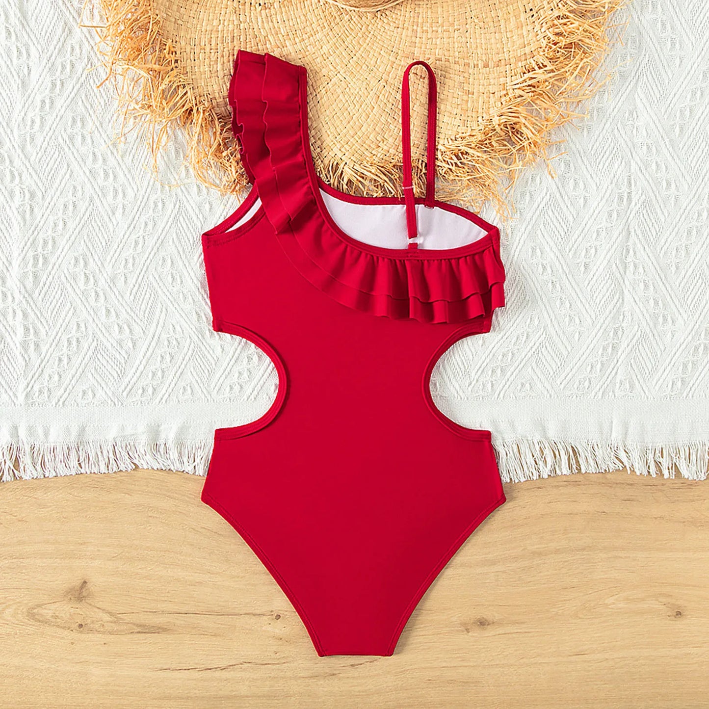 One-Piece Swimsuit Kids Girls One Shoulder Ruffle Swimwear