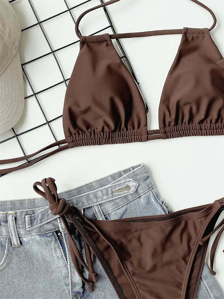 Sexy Bikini 2025 Women Black Brown Halter Hollow Out Push Up
