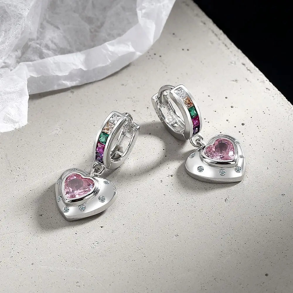 925 Sterling Silver Pink Heart Hoop Elegant Luxury Jewelry