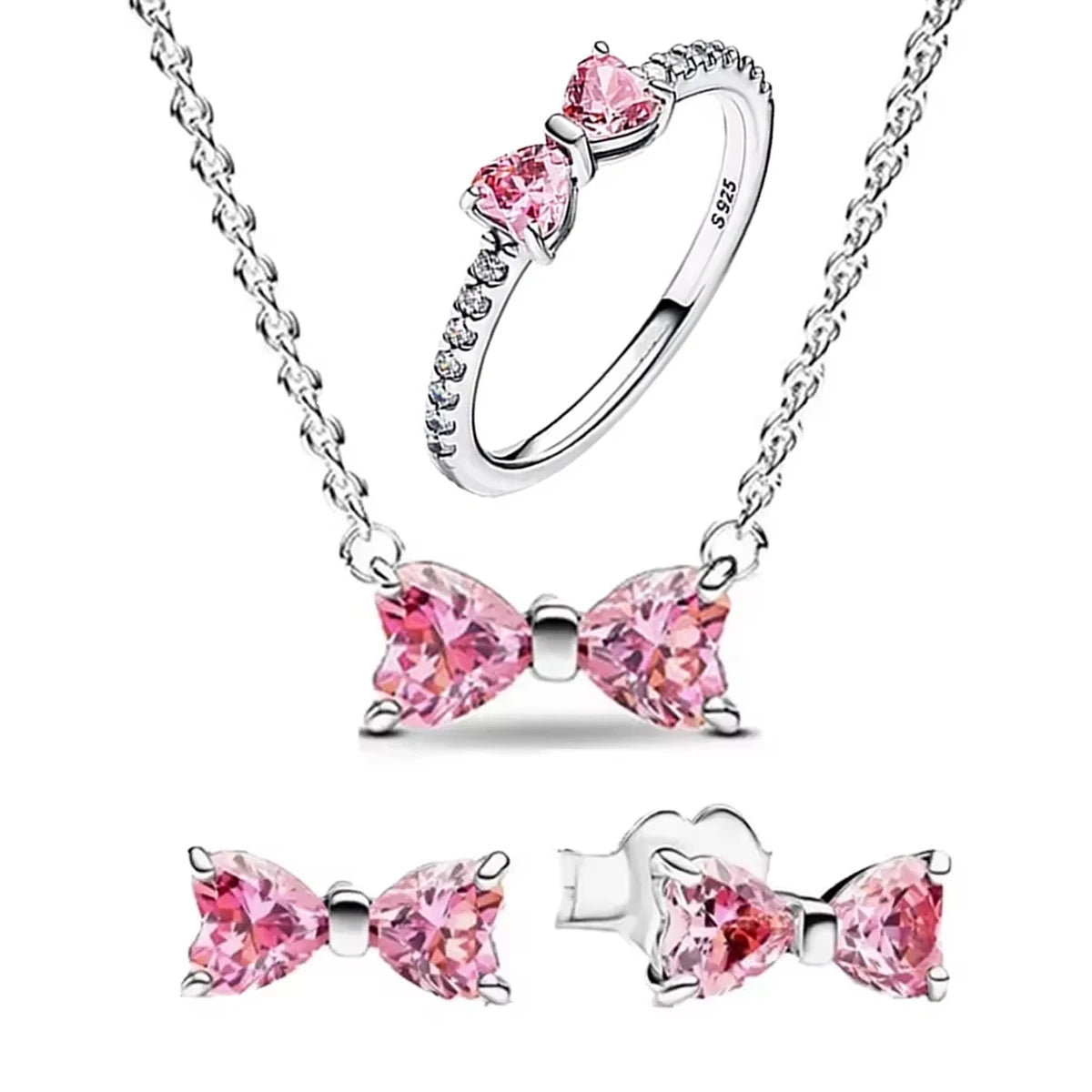 Pink Bow Set Silver Colorful Zircon Ring Earrings