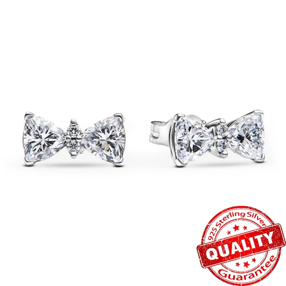 Pink Bow Set Silver Colorful Zircon Ring Earrings