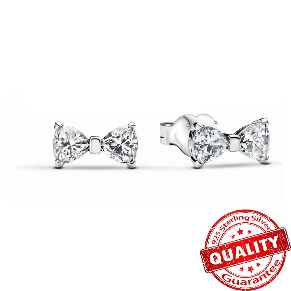 Pink Bow Set Silver Colorful Zircon Ring Earrings