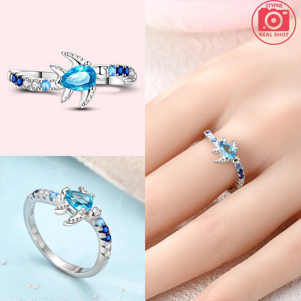 Zircon Blue Crystal Heart Bow Rings