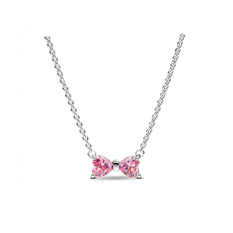 Pink Bow Set Silver Colorful Zircon Ring Earrings