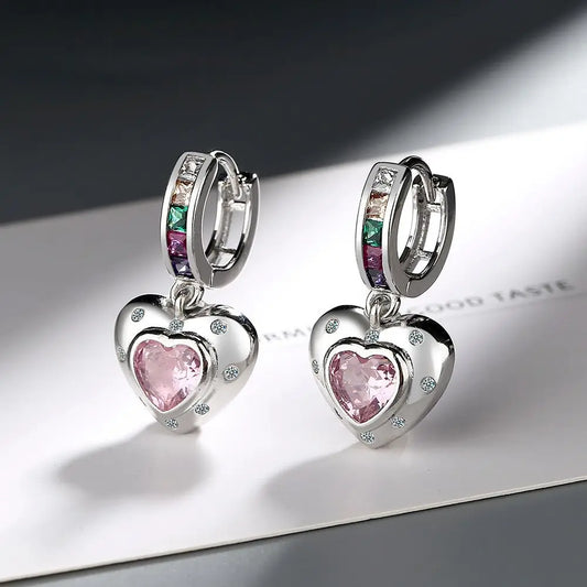 925 Sterling Silver Pink Heart Hoop Elegant Luxury Jewelry