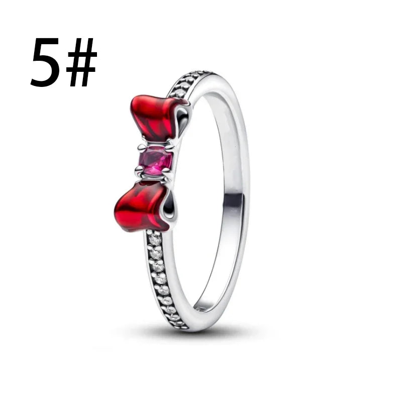 Pink Bow Set Silver Colorful Zircon Ring Earrings