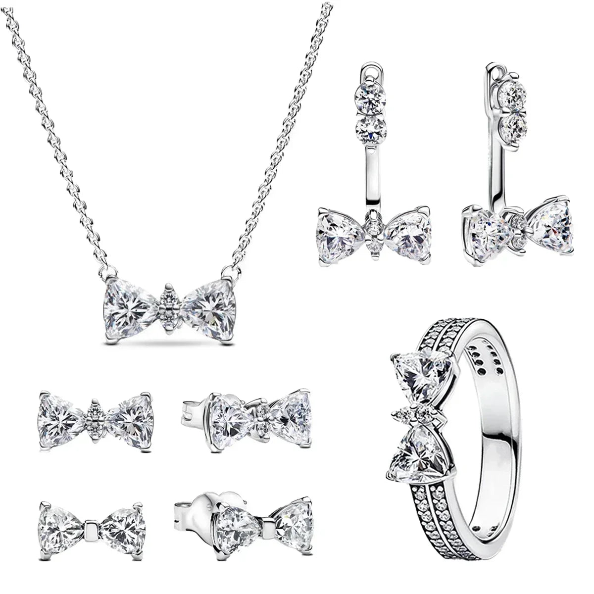 Pink Bow Set Silver Colorful Zircon Ring Earrings
