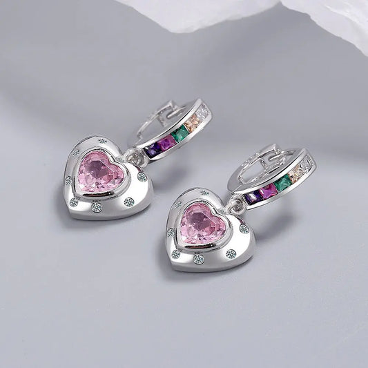 925 Sterling Silver Pink Heart Hoop Elegant Luxury Jewelry