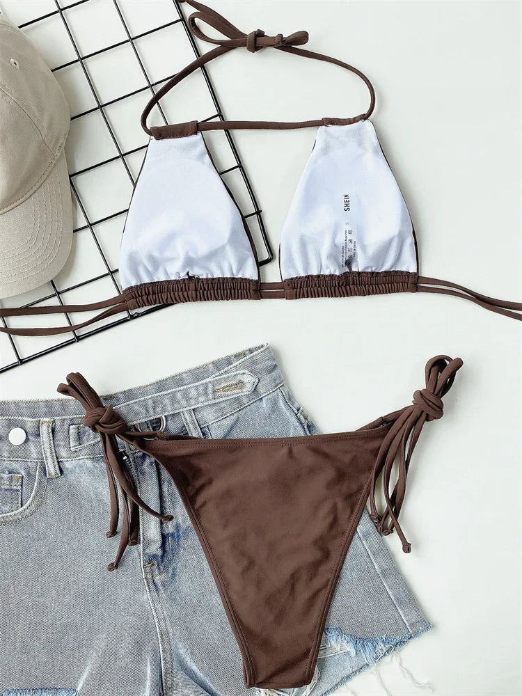 Sexy Bikini 2025 Women Black Brown Halter Hollow Out Push Up