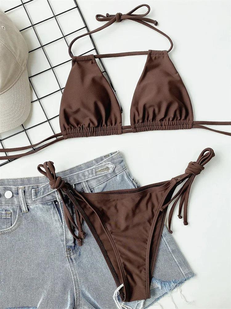 Sexy Bikini 2025 Women Black Brown Halter Hollow Out Push Up