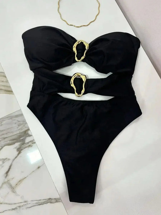3 Colors Sexy Metal Rings Cut Out Women Swimwear One Piece Swimsuit Female