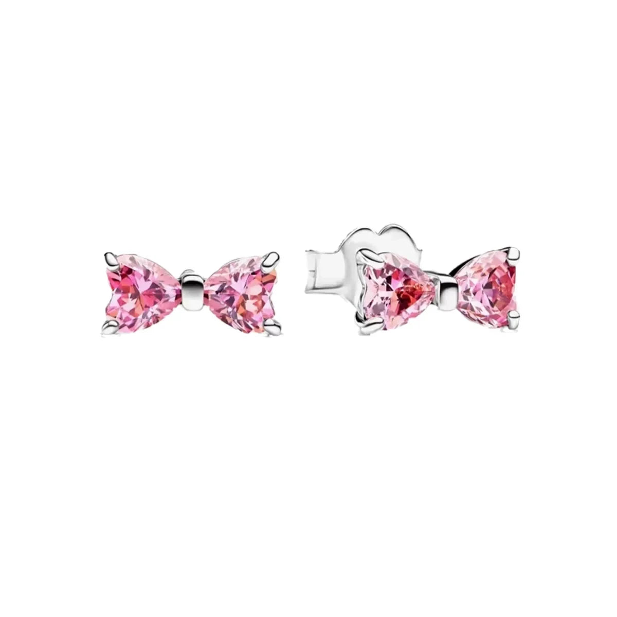 Pink Bow Set Silver Colorful Zircon Ring Earrings