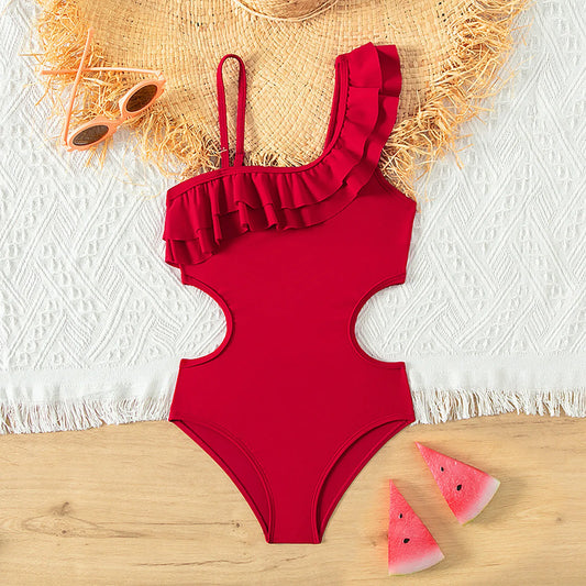 One-Piece Swimsuit Kids Girls One Shoulder Ruffle Swimwear
