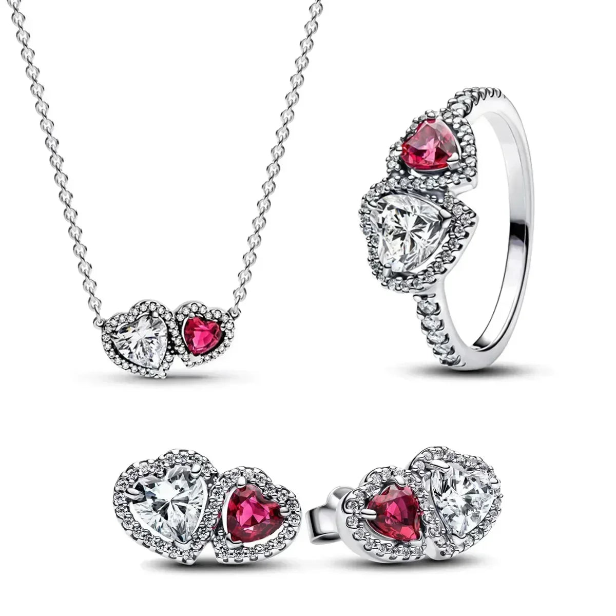 Pink Bow Set Silver Colorful Zircon Ring Earrings