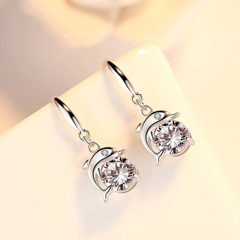 Silver Hook Earrings Dolphin Zircon High Quality