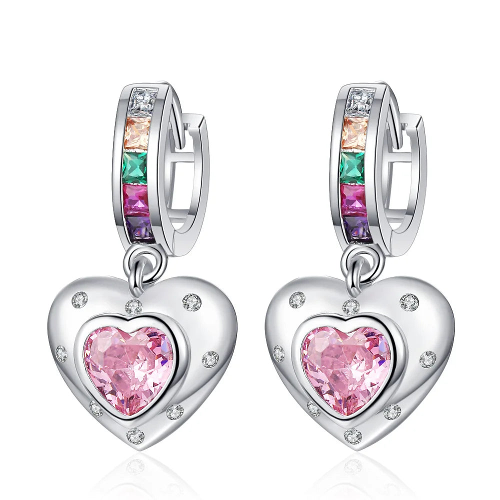 925 Sterling Silver Pink Heart Hoop Elegant Luxury Jewelry