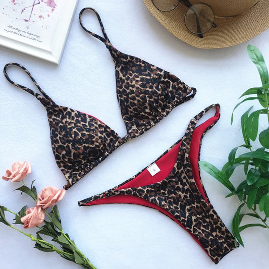 2024 Micro Leopard Bikini Women High Cut  Bandage Push Up
