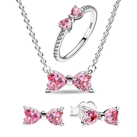 Pink Bow Set Silver Colorful Zircon Ring Earrings