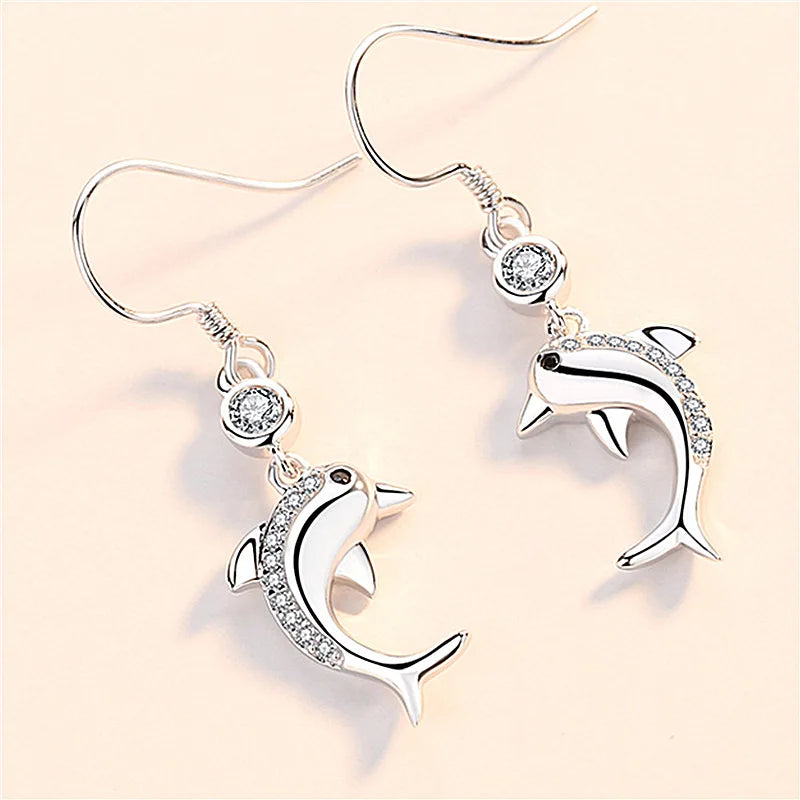 Silver Hook Earrings Dolphin Zircon High Quality